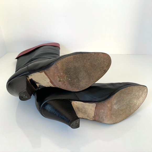 Vintage Custom-made black leather w/red cuffs below the knee high heeled boots - Picture 6 of 9